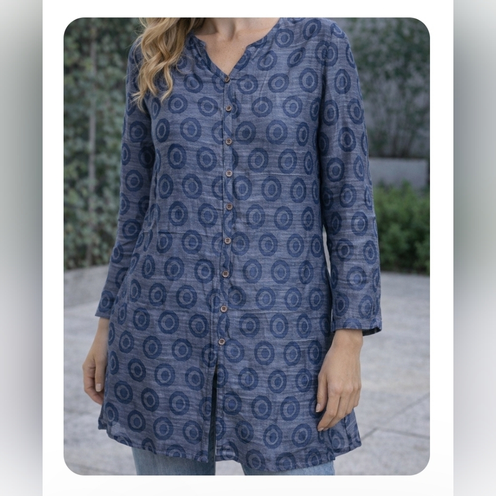 Vintage Oscar de la Renta Linen Blend Tunic Shirt Dress Blue Print Women’s Size